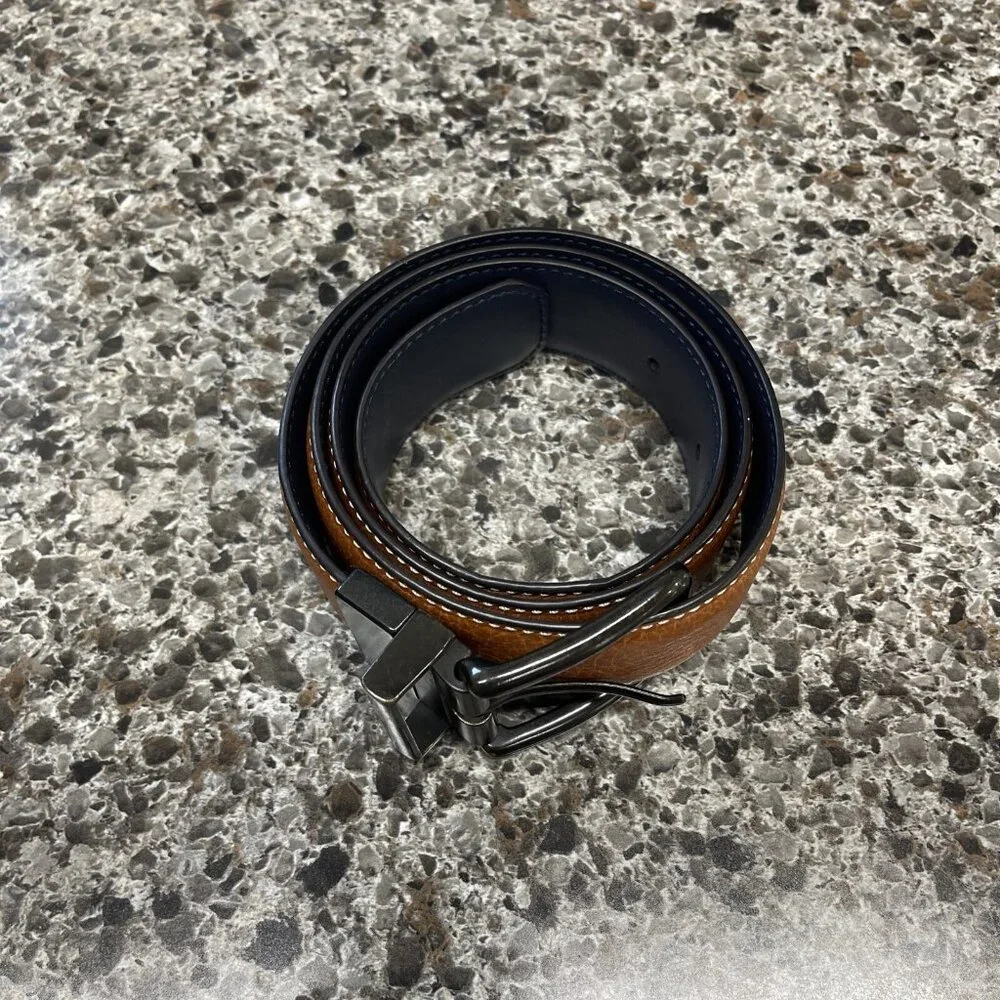 Original Penguin Mens LEATHER Navy /‎ Brown Reversible Belt US Size 32 With Logo